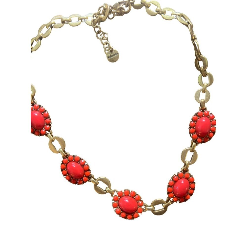 Vintage 90s Red Floral Stella & Dot Gold Tone Chain Necklace Orange Jewelry Cute